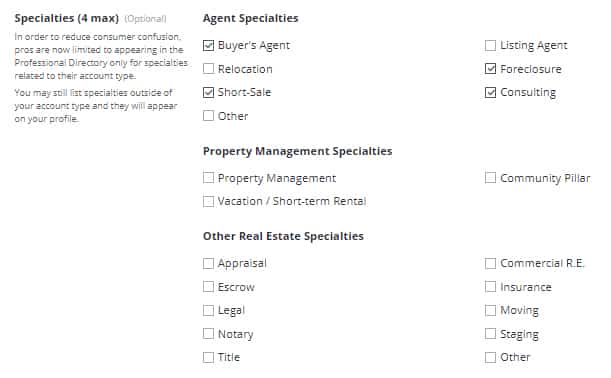 在Zillow.com代理仪表板中添加房地产利基专业。