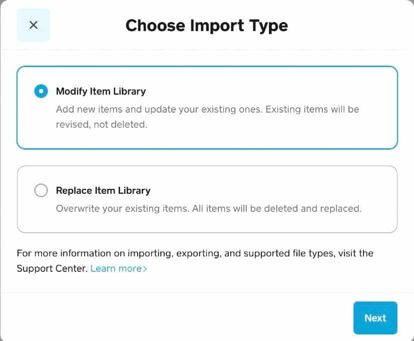 Choosing import type in Square.