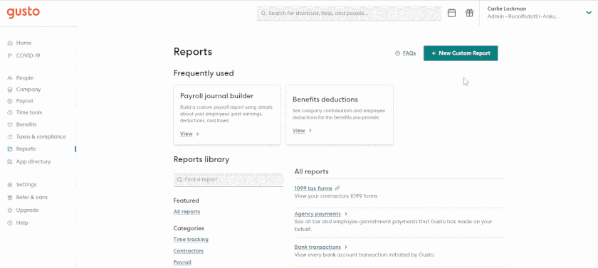Showing Gusto's reporting tool.