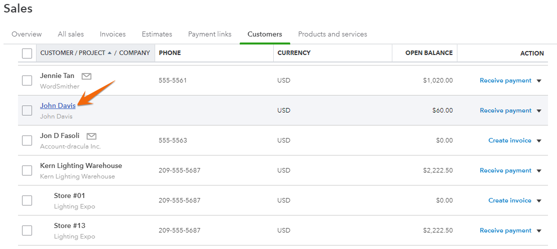 Customers tab where you can check payments received from a specific customer in QuickBooks