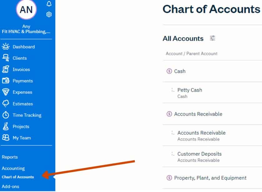 Navigating to Chart of Accounts in FreshBooks.