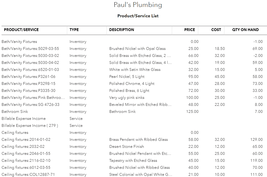 Product and Service List report in QuickBooks Online.