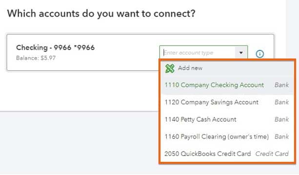 Selecting bank account and link to Chart of Accounts.