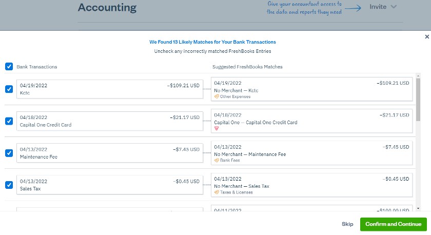 Suggested matches for bank transactions in FreshBooks.