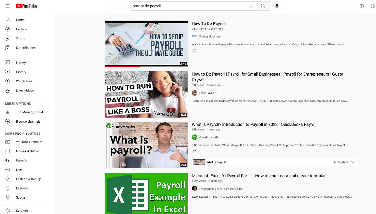 Showing a Youtube dashboard with how to do payroll.