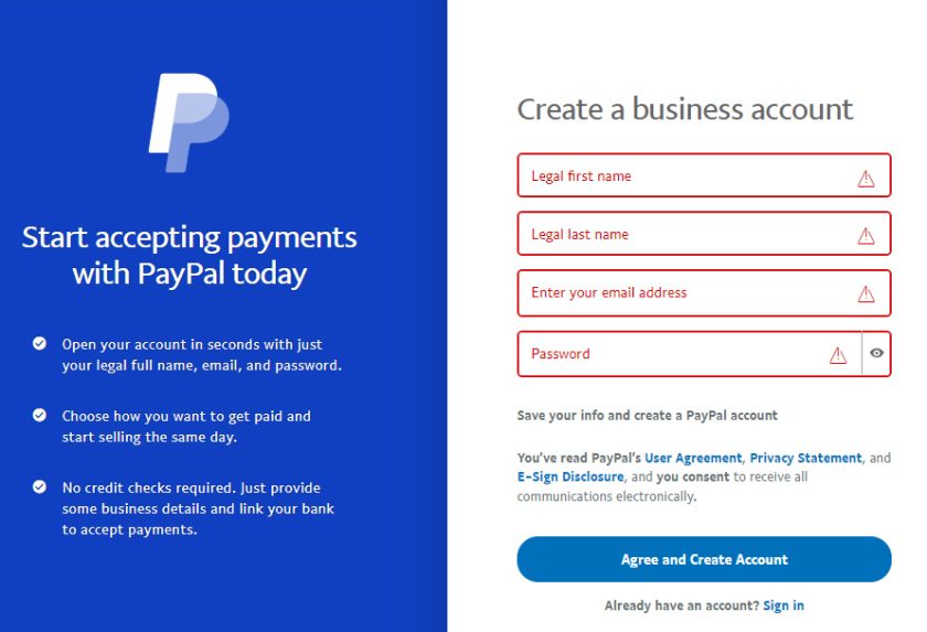 Fill-up form for creating account on PayPal.