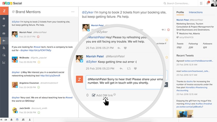 Zoho Social offers robust listening functions to monitor all mentions from customers.