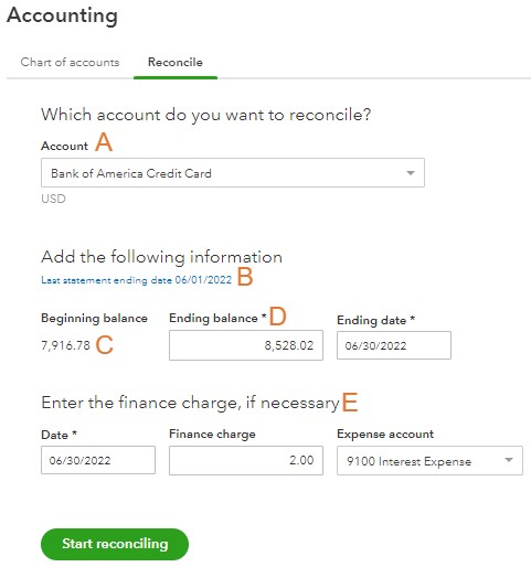 Entering information to process QuickBooks credit card reconciliation.