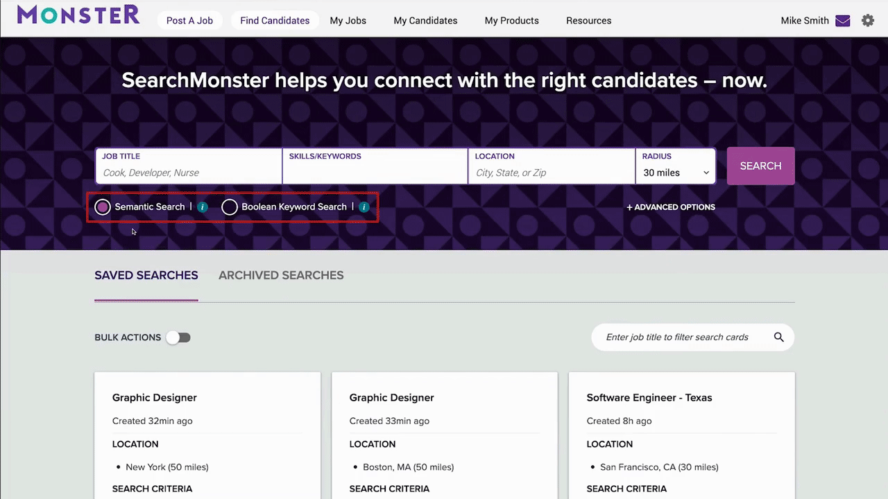 Monster’s candidate search sample.