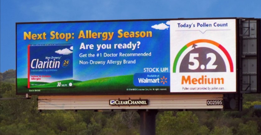 Claritin billboard ads that has live data feed with a daily pollen count.