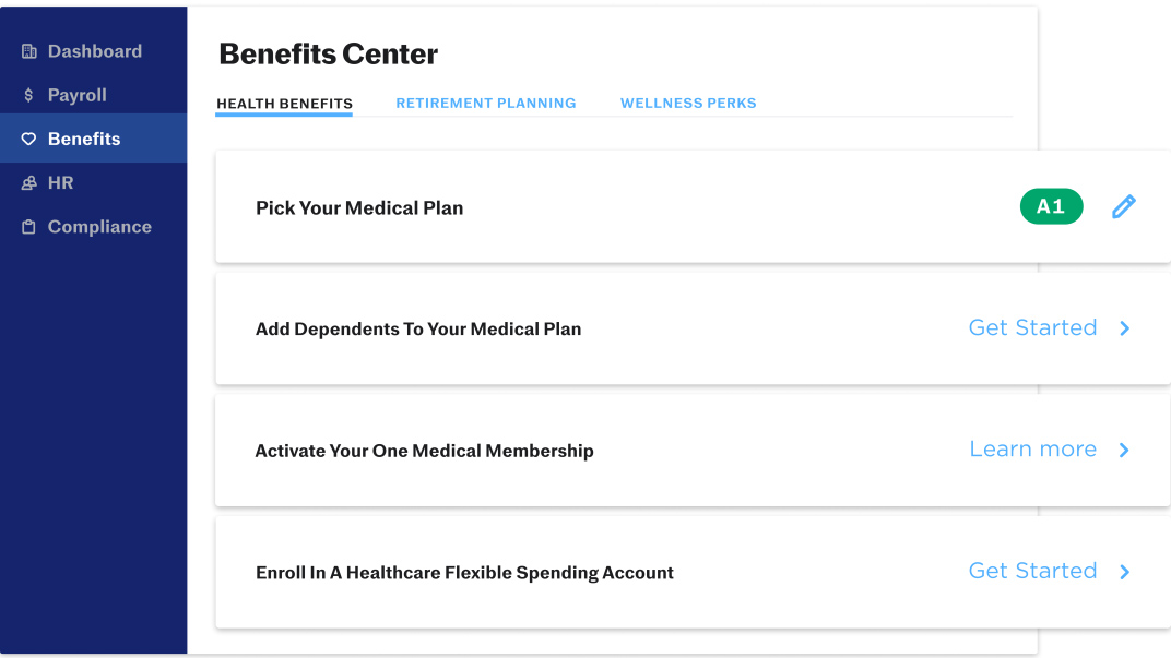Justworks福利中心页面注册和选择健康福利。