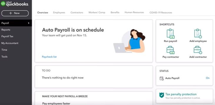 QuickBooks Payroll的主仪表盘。