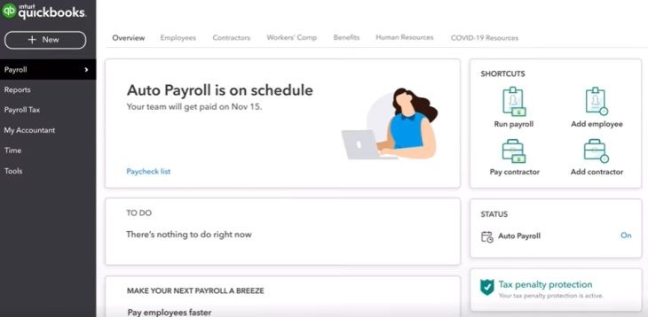 QuickBooks Payroll’s main dashboard.