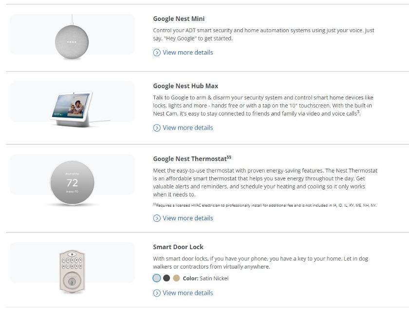 ADT image showing some of its smart products: Google Nest mini, Google Nest Hub Max, Google Nest thermostat, and a smart door lock.