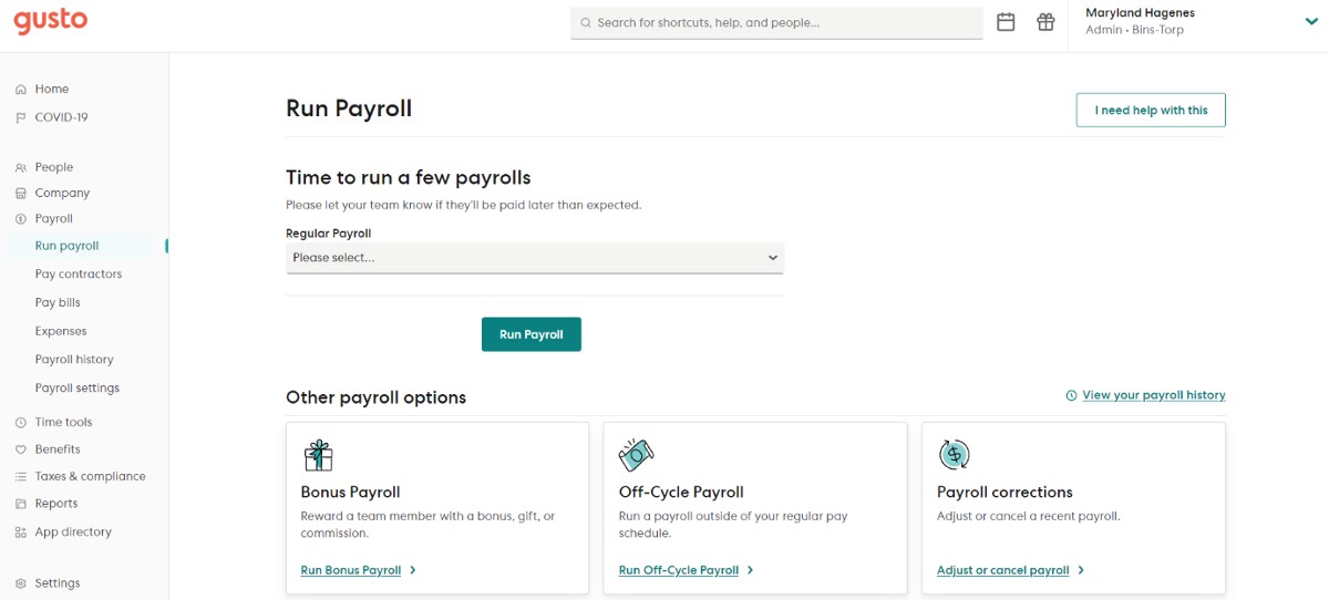 Gusto payroll dashboard contains helpful links.