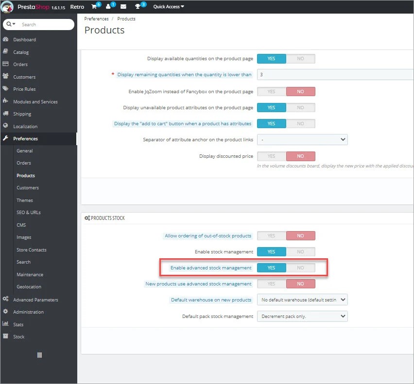 View on how to enable the Advanced Stock Management Option in PrestaShop.