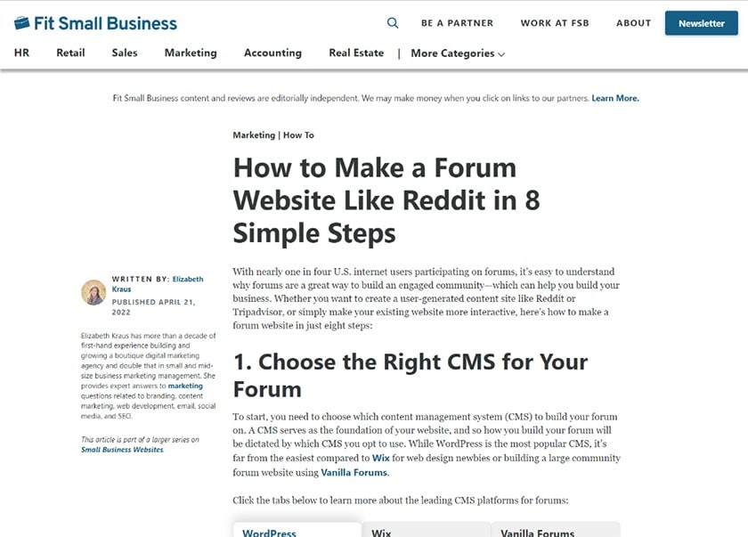 Fit Small Business blog sample about tips making a forum website.