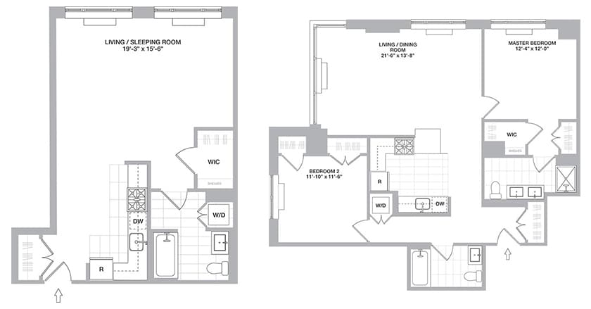 一间工作室和一居室公寓的平面图。