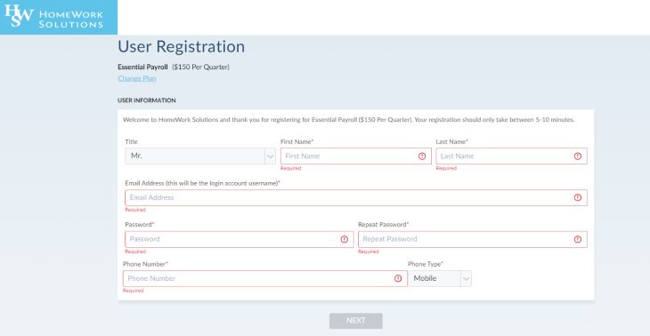 HomeWork Solutions user registration page.