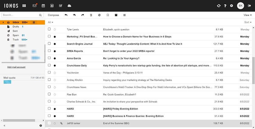 IONOS基于web的电子邮件界面。