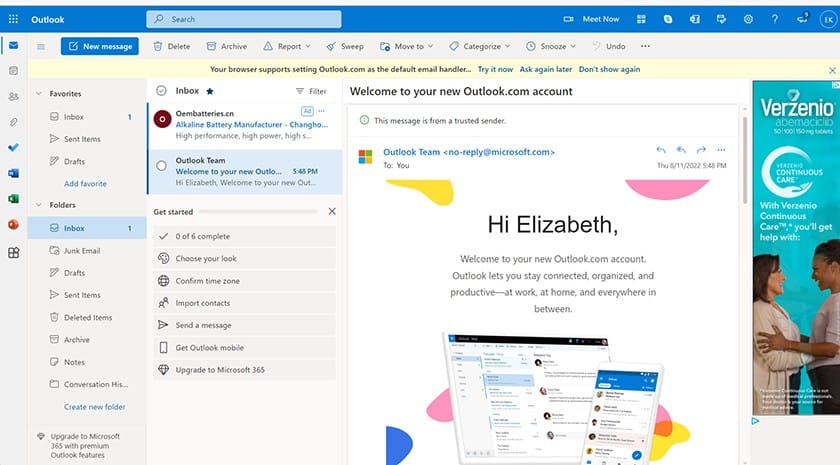 web界面上的Outlook收件箱。