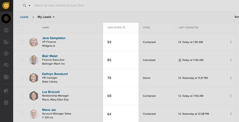 Freshsales lead list filtered by score.
