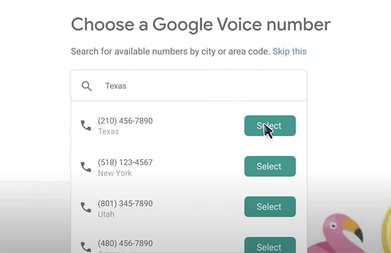 从提供的可用号码列表中选择一个Google Voice号码。