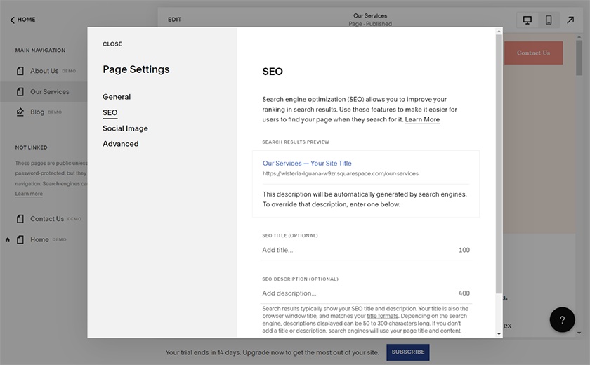 Squarespace SEO page settings.