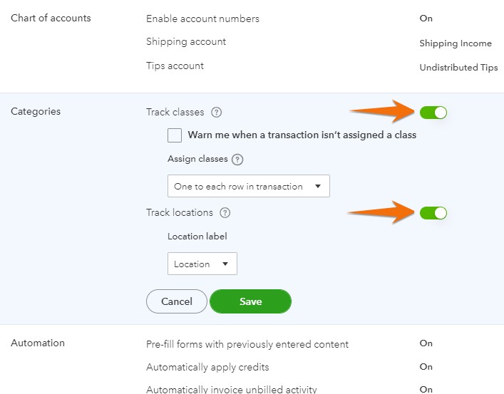 image of the process of turning location and class tracking on in QuickBooks Online