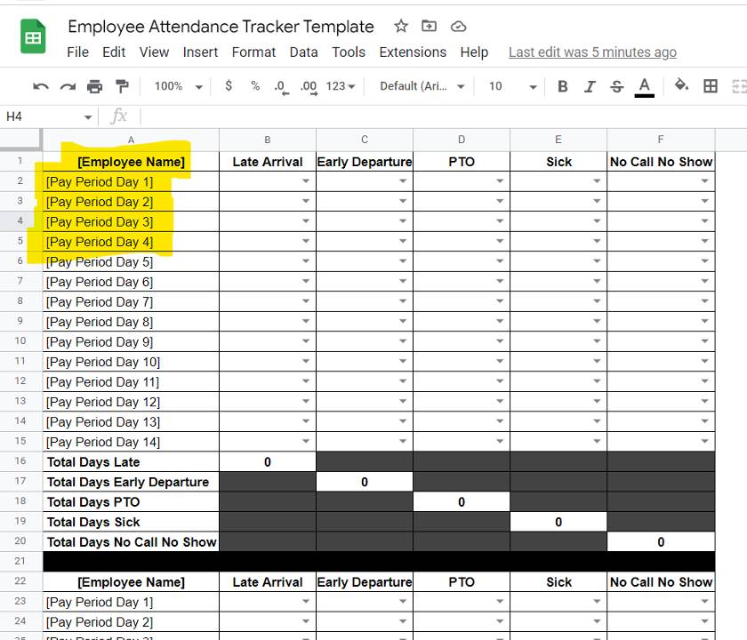 Filling in employee attendance tracker template.