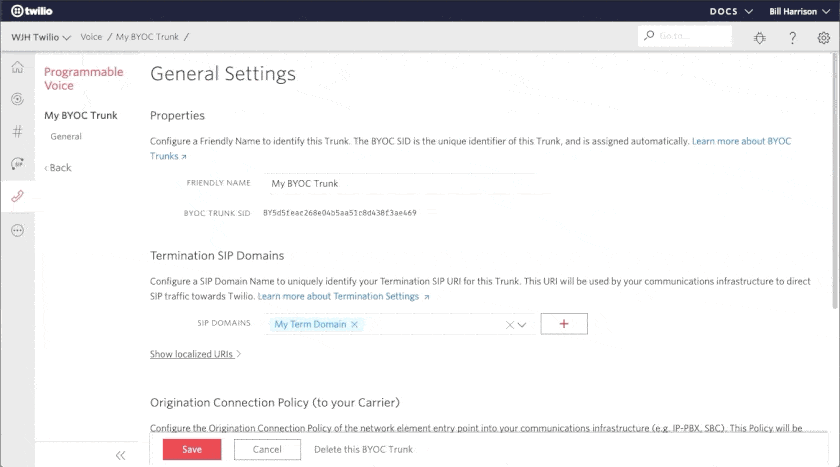 Twilio Console general settings for configuring BYOC Trunk.