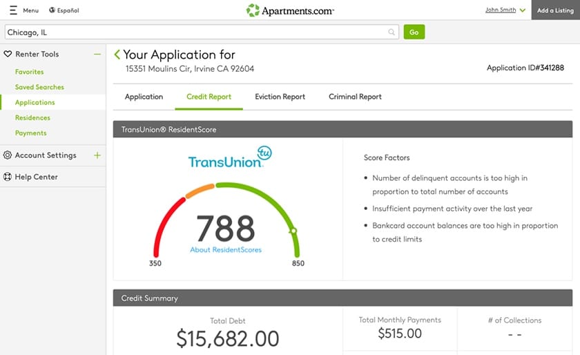 Apartments.comcredit report dashboard.
