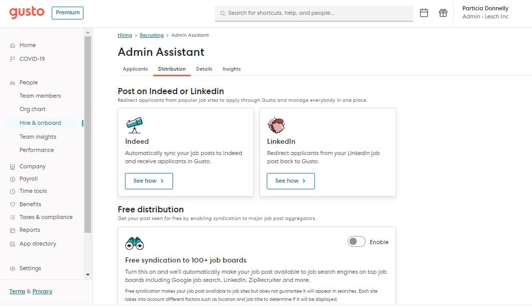 Gusto Admin Assistant page.
