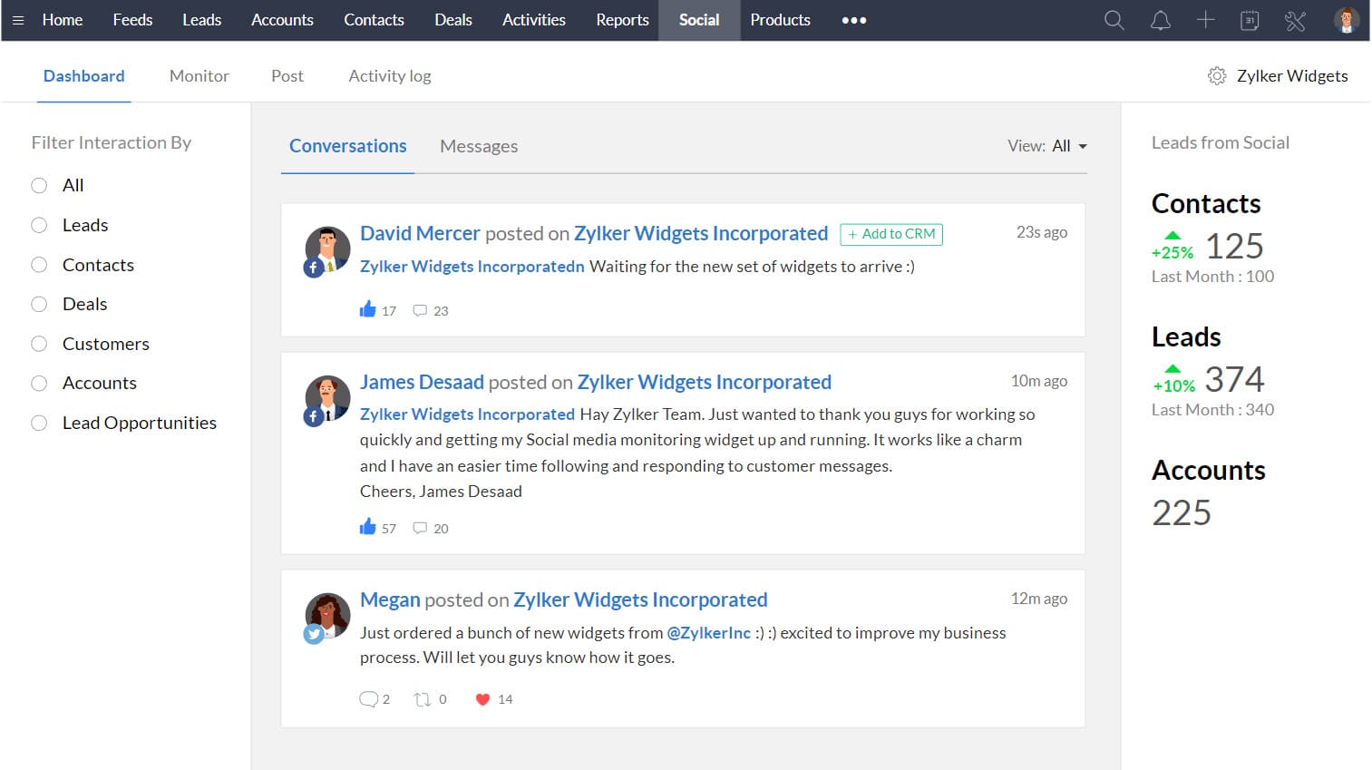 Zoho CRM的社交标签显示了与潜在客户、潜在客户和联系人的所有对话的仪表板。