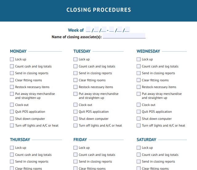 Closing Procedures Checklist.