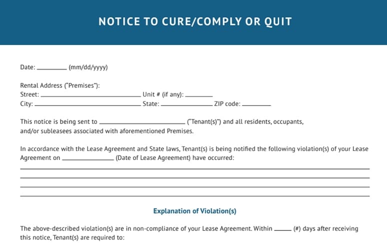 Cure or quit notice template