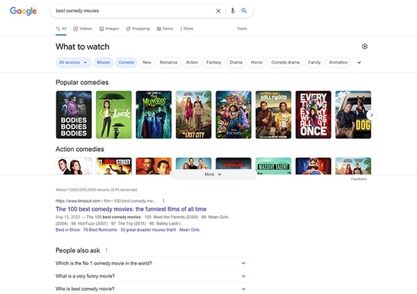 Google search result for best comedy movies.