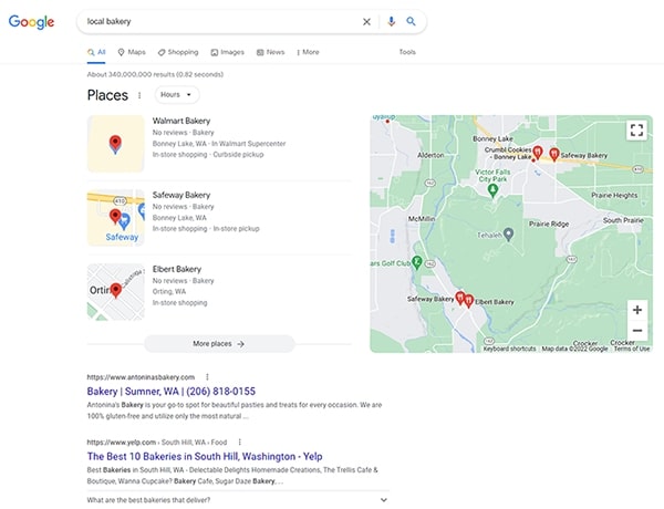 Google search result for local bakery places.