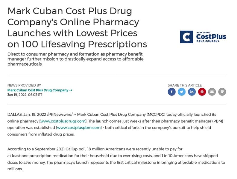 Mark Cuban Cost Plus Drug Company new business press release.