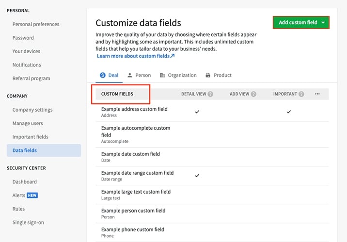 Pipedrive data field customization settings.