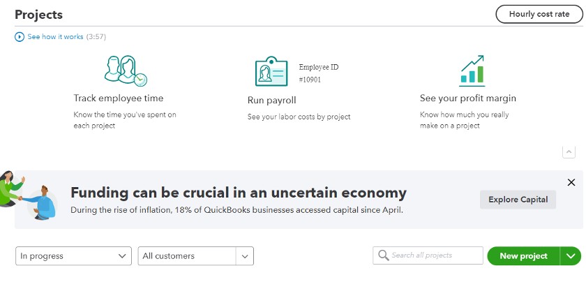 QuickBooks Online Plus中的项目工具。