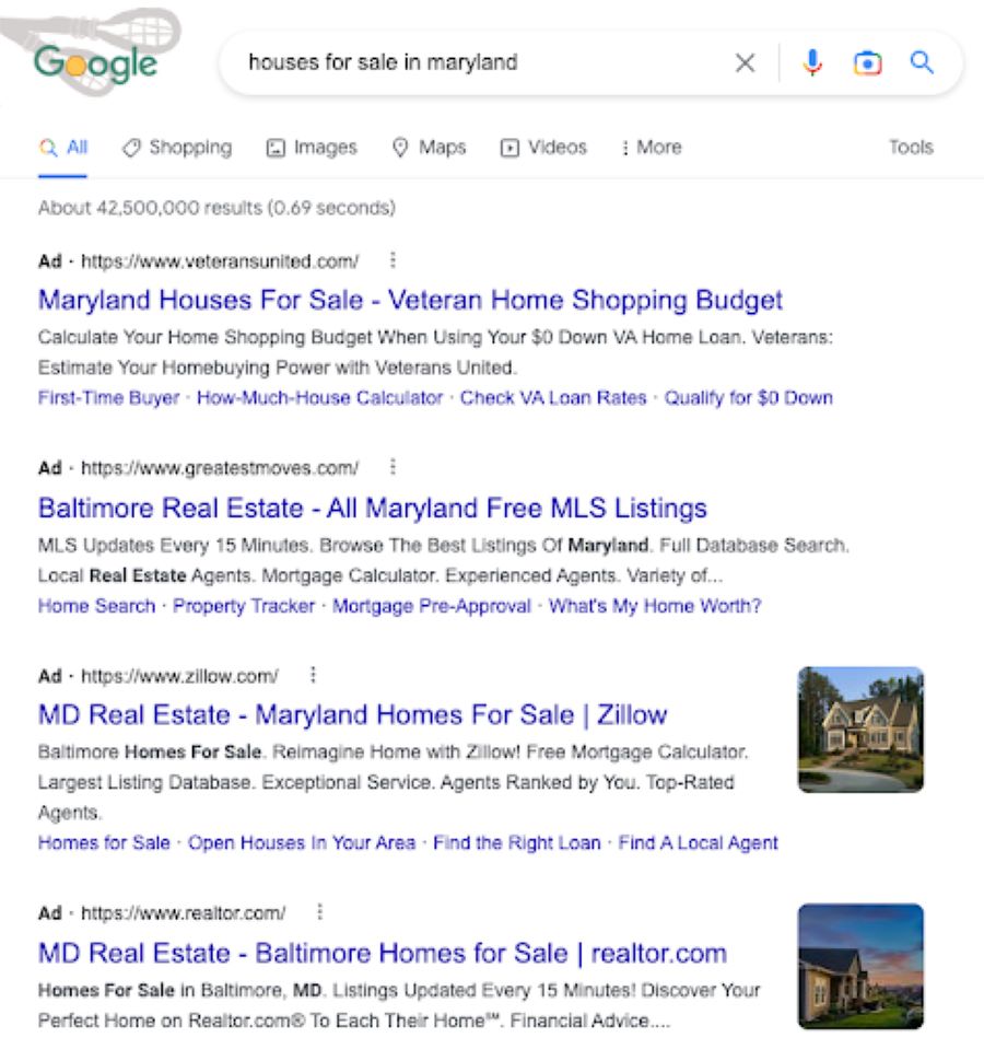 在马里兰州搜索待售房屋时，带有标题和描述的谷歌广告示例