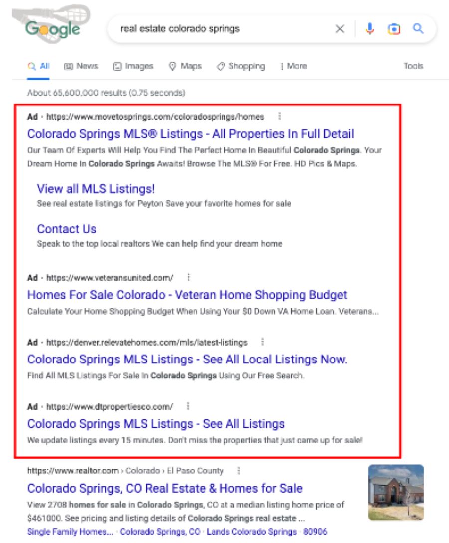 谷歌搜索广告的房地产科罗拉多斯普林斯的例子