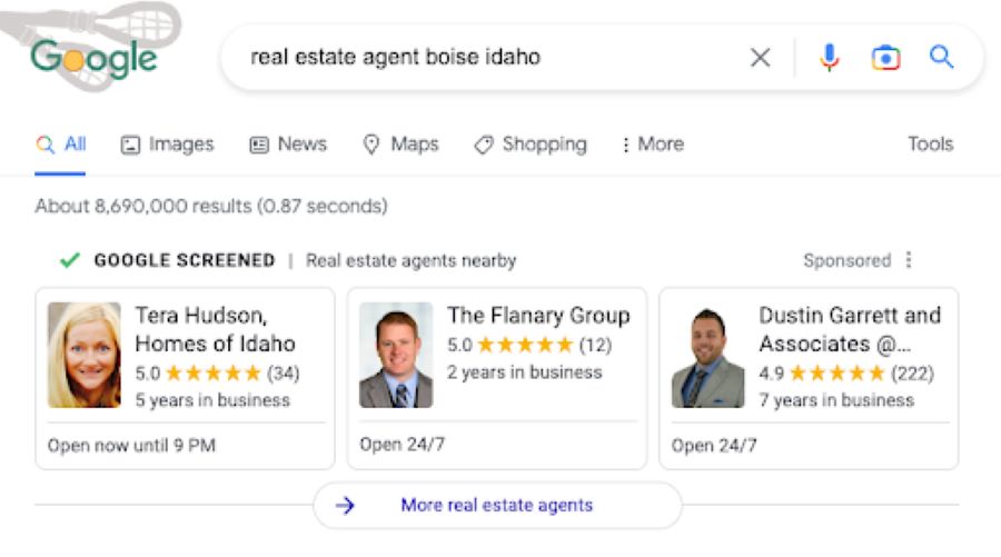 本地服务广告的例子，从谷歌搜索房地产经纪人博伊西爱达荷州