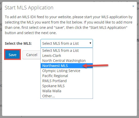 Start MLS Application page with a drop-down menu of MLS.
