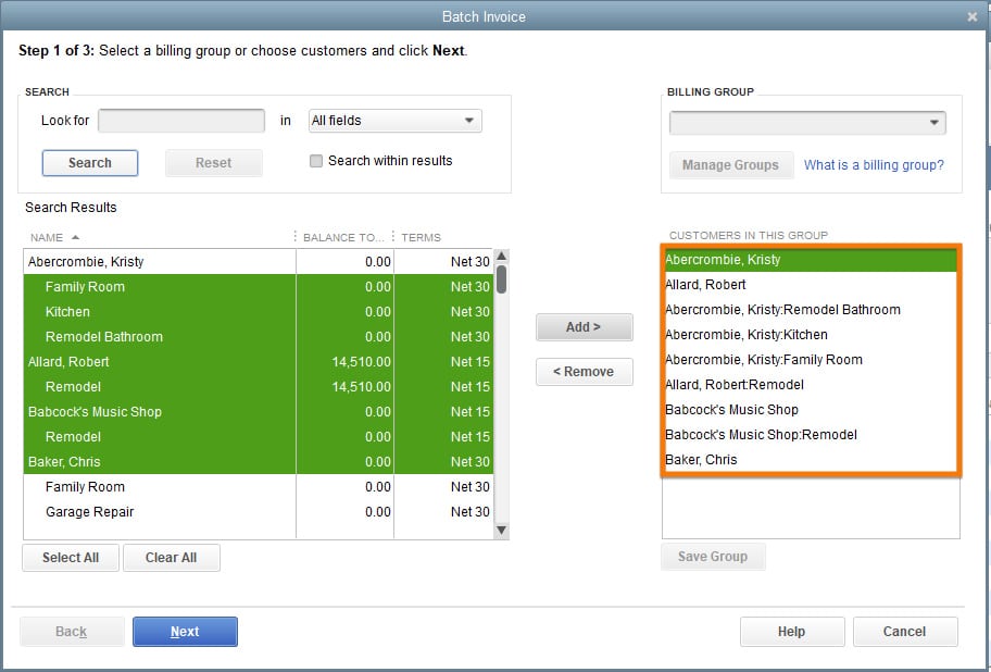 Screen where you can send one invoice for multiple clients at the same time in QuickBooks Enterprise.
