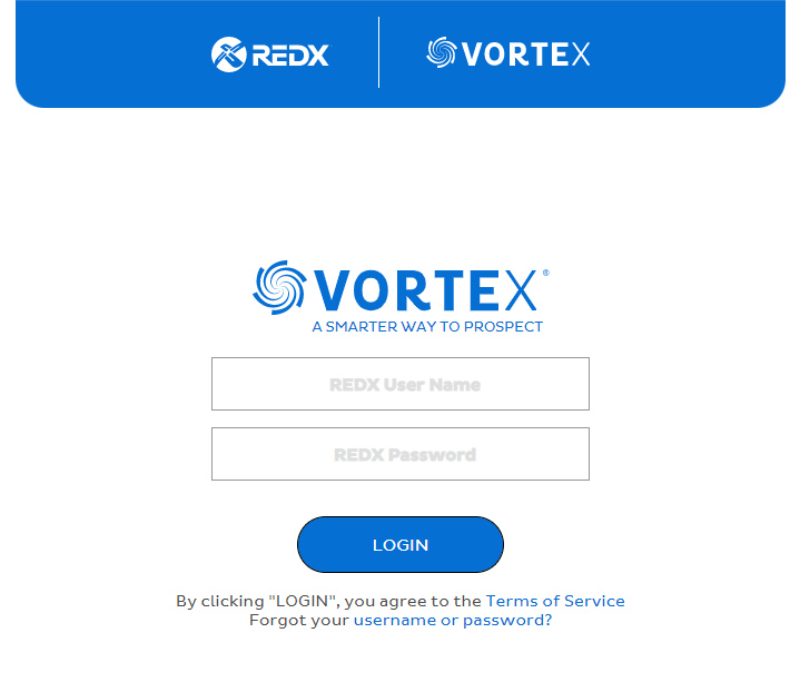 Vortex log-in page with fields to enter REDX username and password.