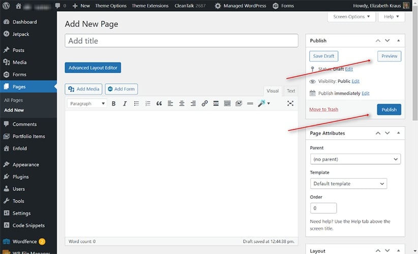 WordPress add new page interface