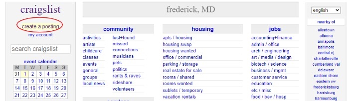 Craigslist homepage of Frederick, MD location highlighting the 