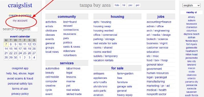Craigslist homepage for the Tampa Bay Area highlighting the 